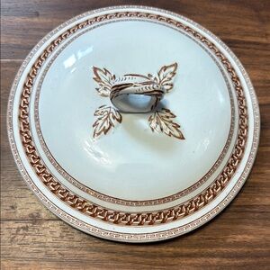 Elegant Brown and White ironstone lid ornate design. Inner size 6 1/4 outer 9in